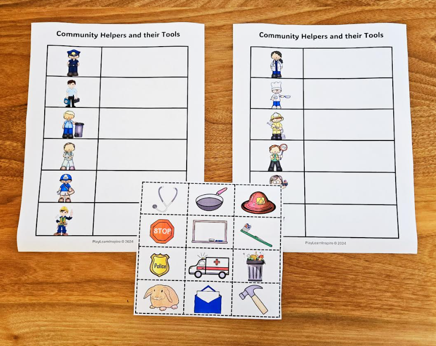 free community helpers worksheet shows two worksheets and tools to be cut out.