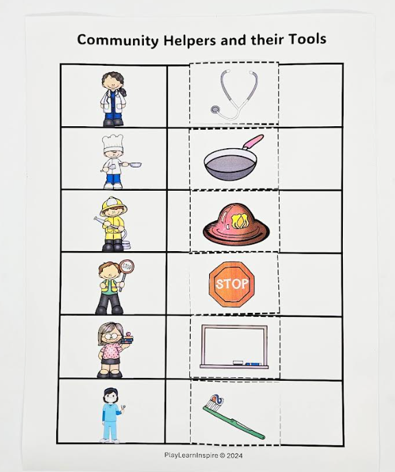 community helpers shows a worksheet and cut outs matched beside.
