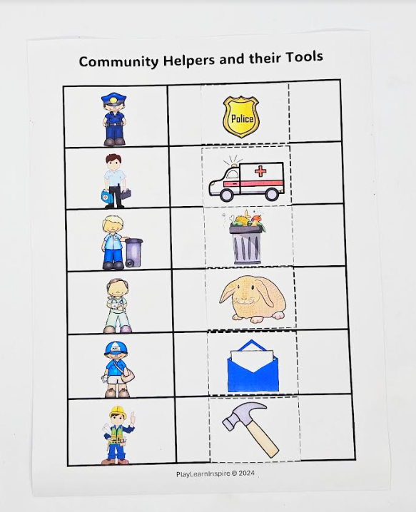 community helpers and their tools shows six helpers and a cutout of their tools beside them.
