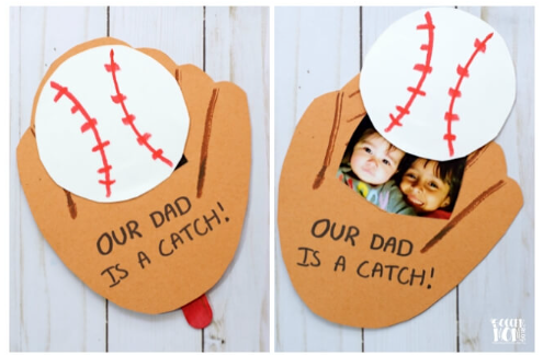 Free Printable Fathers Day Gifts shows a baseball mitt with a photo of two children on one and it says, "Our Dad is a catch."