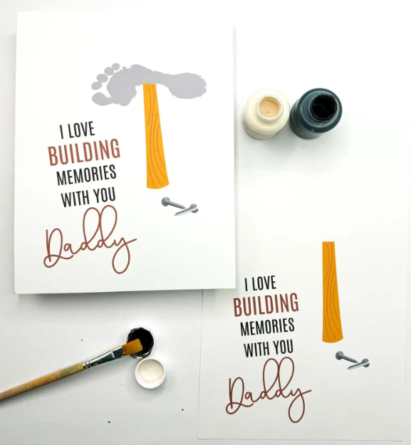 Free Printable Fathers Day Gifts shows a card with a footprint made to look like a hammer.