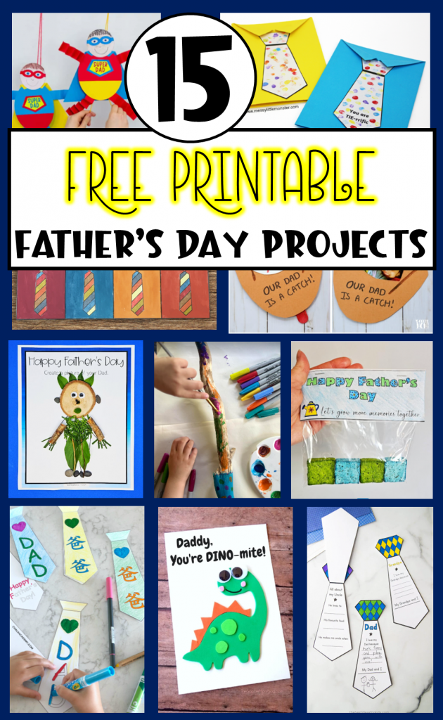 free printable fathers day gifts shows a pinterest pin with a collage of fathers day activities.
