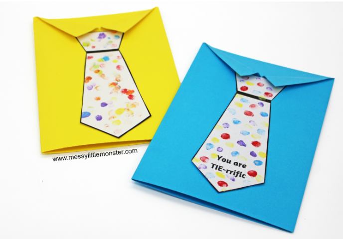 Free Printable Fathers Day Gifts shows two Father's Day cards with a tie and finger print dots on each.