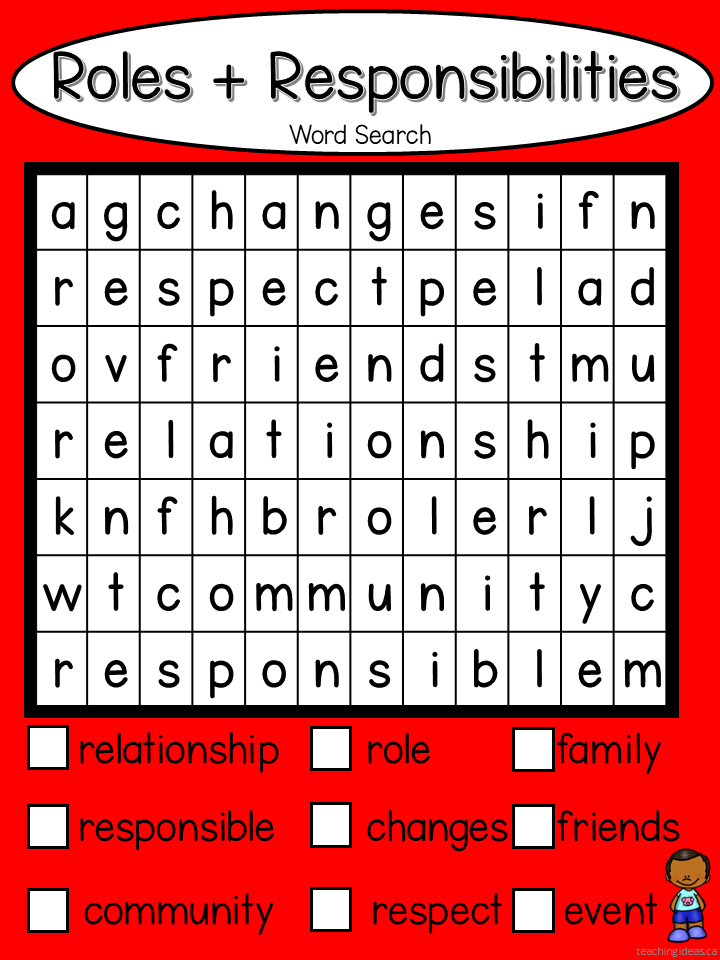 roles and responsibilities shows a word search with word that fit this theme.