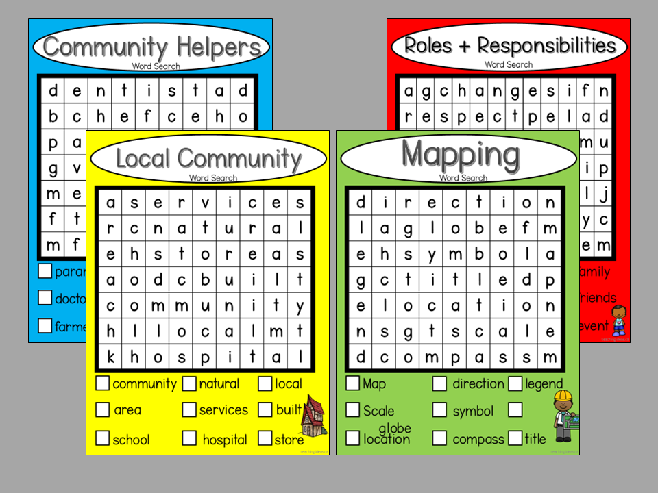 social studies units shows four word searches for community helpers, roles, local community, and mapping.