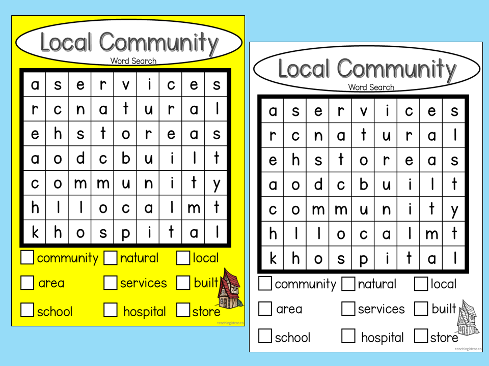 resources for kids shows a word search themed for the local community.