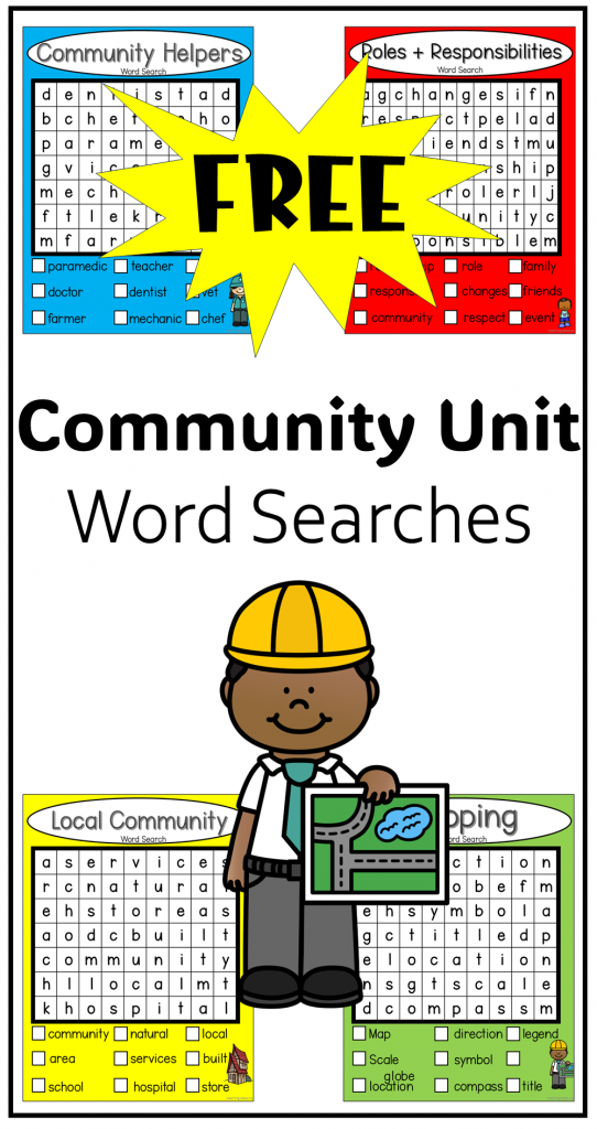 free social studies community word searches shows a pinterest pin.