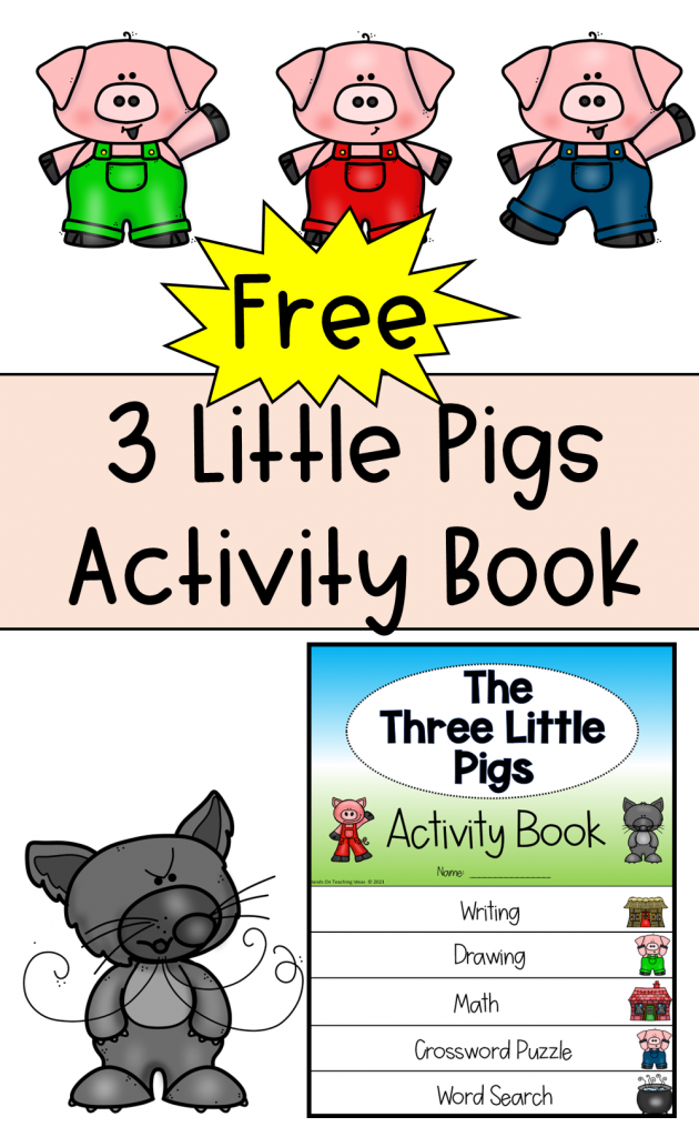 free 3 little pigs activity book shows a pinterest pin.