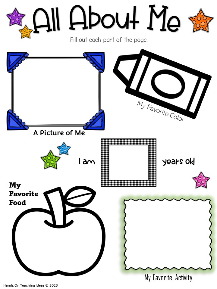 all about me shows a printable page for kids to fill out and share about themselves.