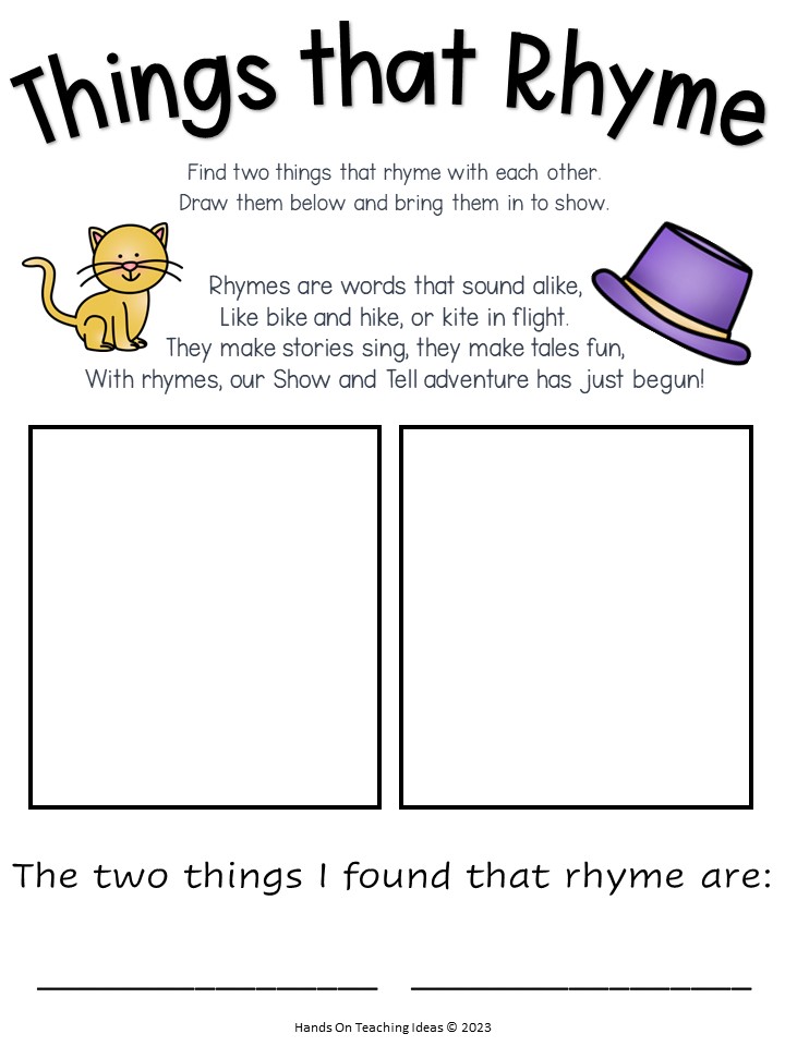 show and tell ideas for kids shows a printable page titled, "things that rhyme" where children find two items to bring to class that rhyme.