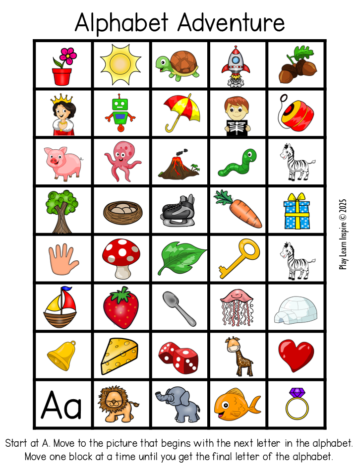 Free phonemic awareness activity for kids and beginning letter sounds for kids shows a page for children to go through and find the beginning sound that starts with letters from the alphabet A-Z