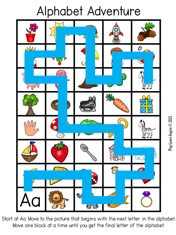 free printable escape room for young children shows a phonics maze for kids to work their way through finding a picture that starts with each letter.