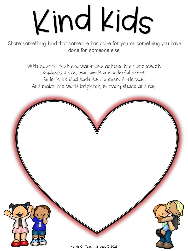 kindness activities for kids shows a printable page titled "kind kids" which children present about a time someone was kind to them or they showed kindness.