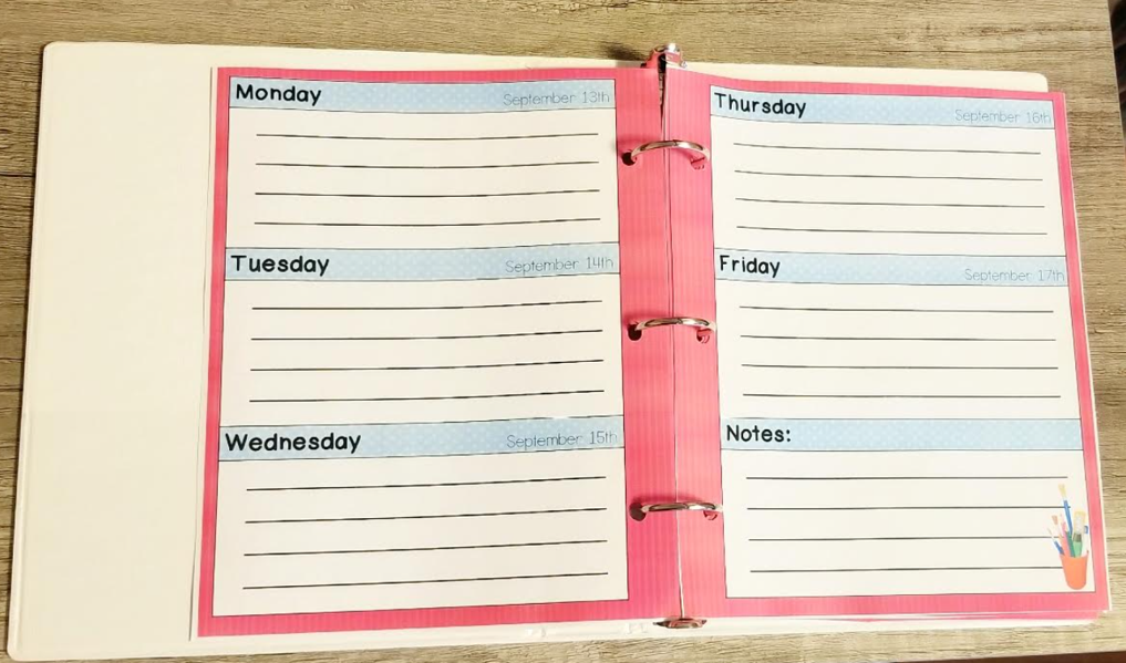 free student planner printable template shows several planning pages in a binder.