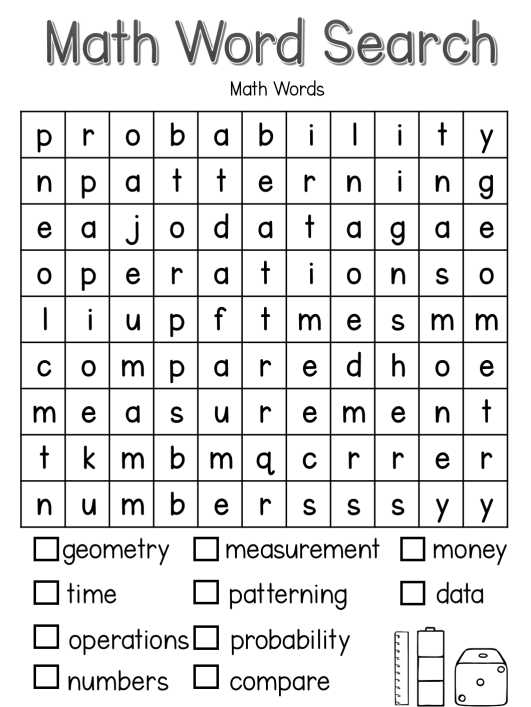 math worksheet shows a printable wordsearch