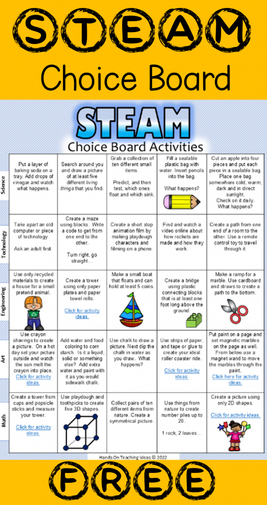 STEAM choice board shows a pinterest pin.