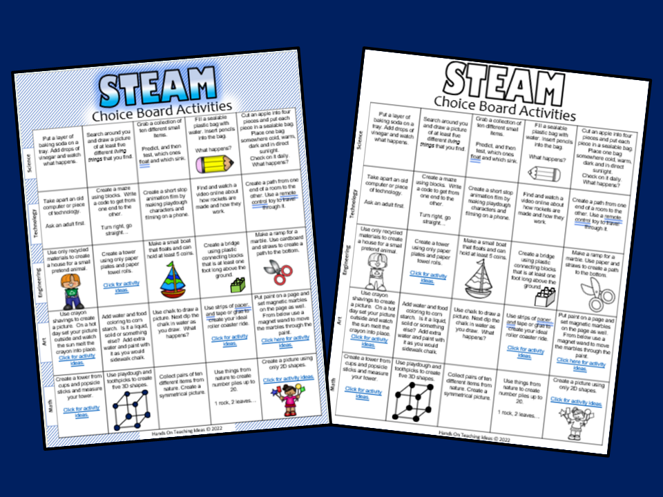 STEM choice boards shows the printable pages in color and black and white.