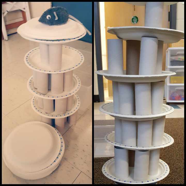 building challenge for kids shows a tower made with paper plates and paper towel rolls.