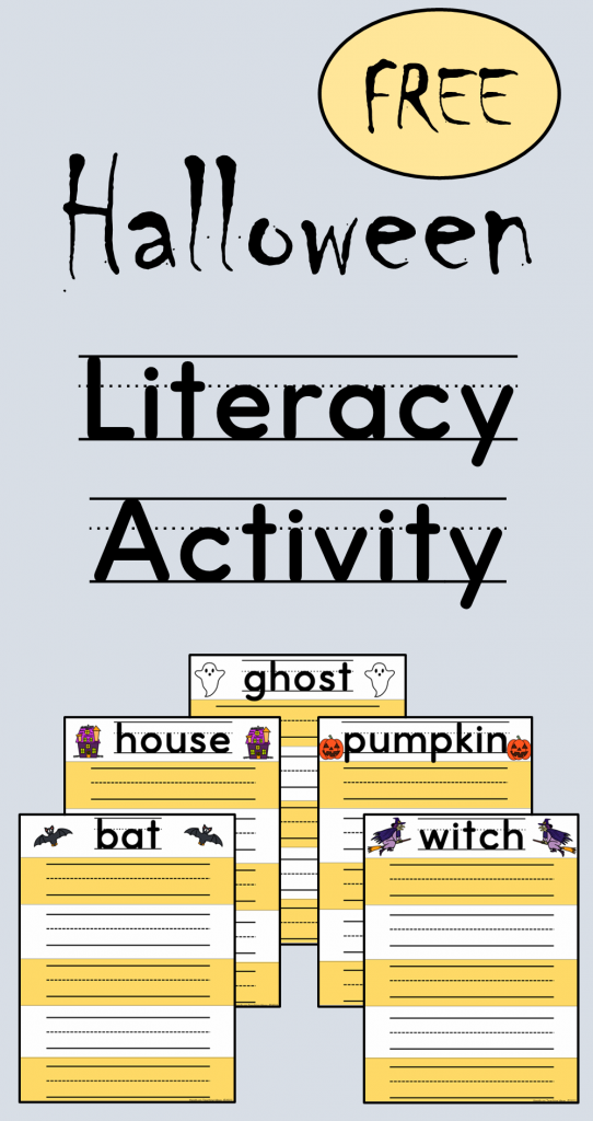 free halloween literacy activity for kids shows a pinterest pin.