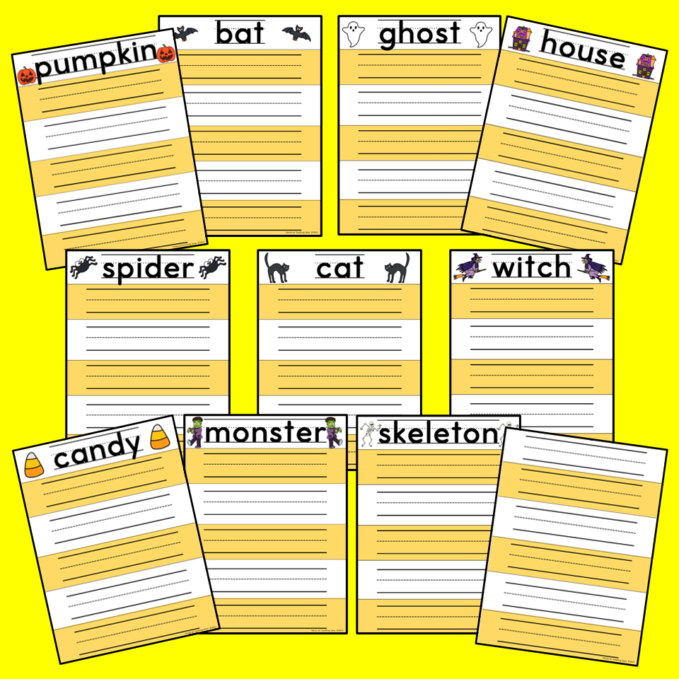 free halloween literacy activity for kids shows a page with eleven pages for a printable writing activity for kids.