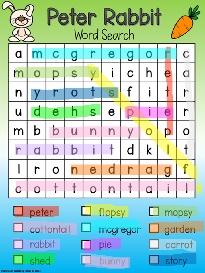 childrens story word search shows a word search and the answers highlighted.