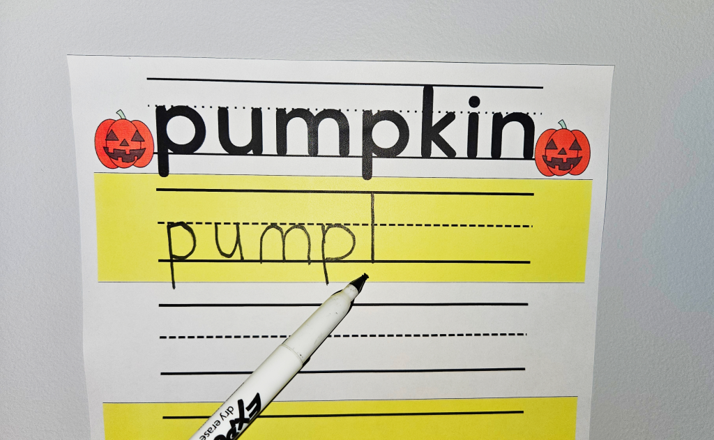 halloween lesson for kids shows a printed page that says, "pumpkin' and it has a child started to print pump...