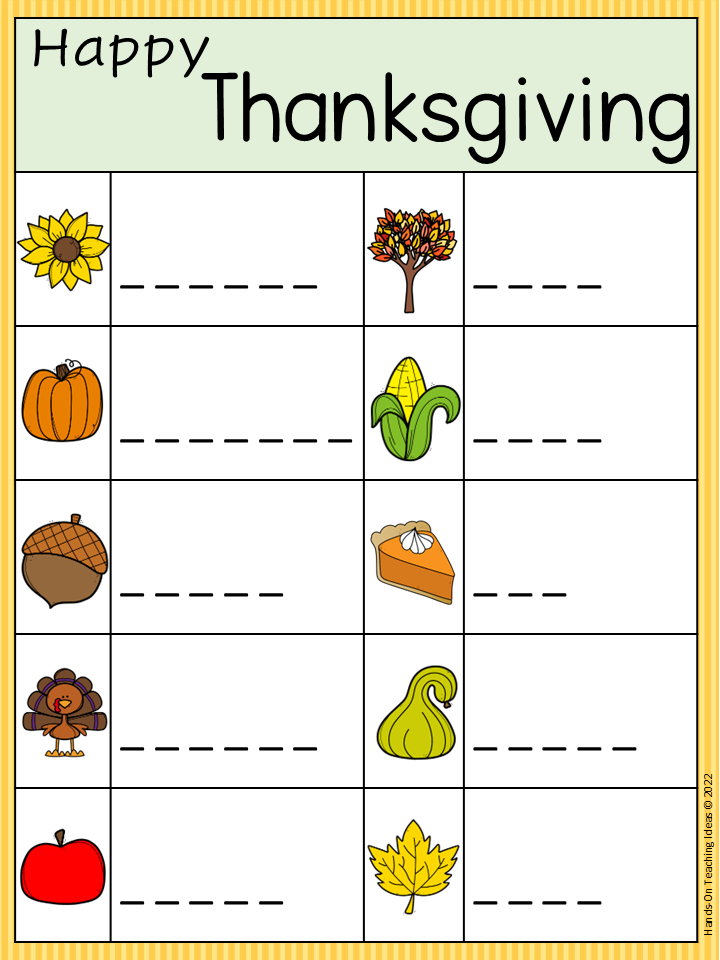 free thanksgiving write the room shows a recording page with ten images and blanks to print the word.