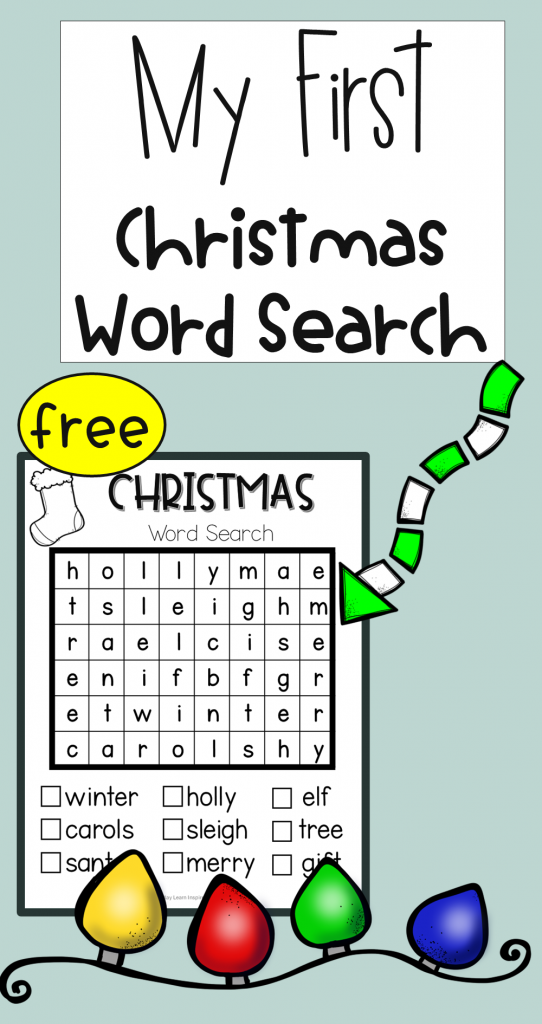 free Christmas word search for young kids shows a pinterest pin.