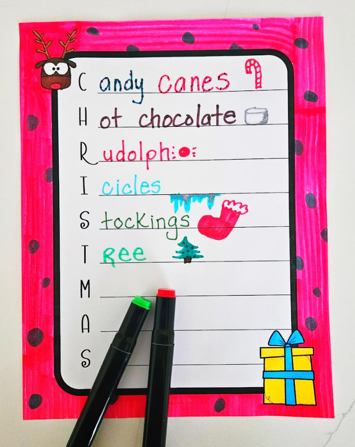 free Christmas acrostic poem template shows an example that a child is filling out.