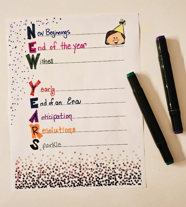 free new years acrostic poem template shows a completed sheet with each letter filled out and colored.