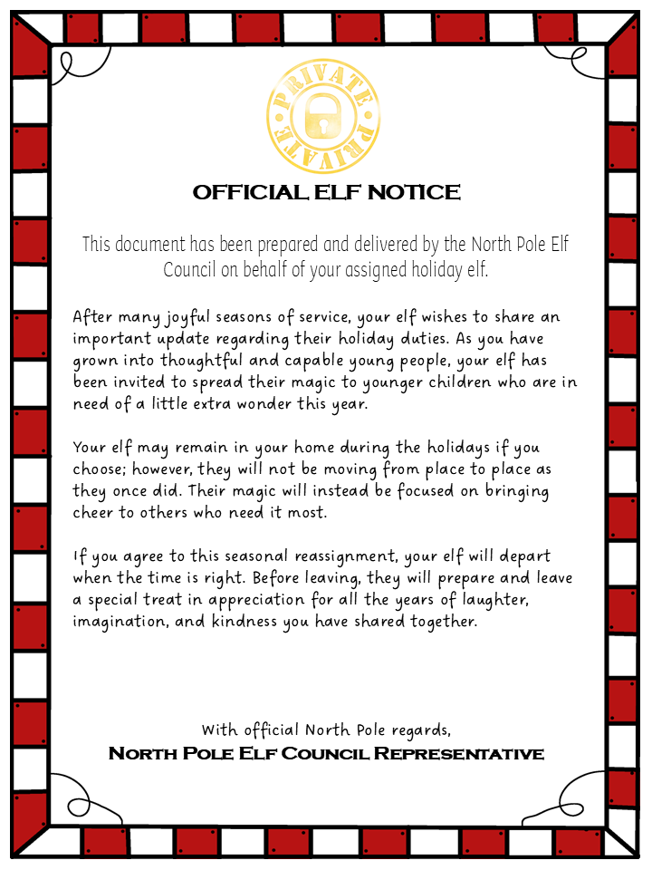 elf retirement letter for older children shows a printable letter.