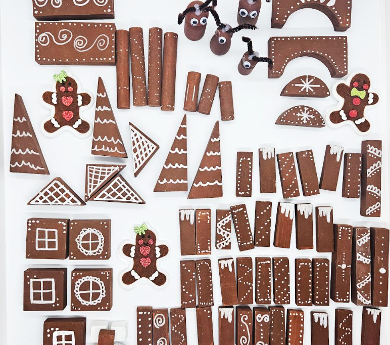 diy gingerbread house with blocks shows a huge collection of blocks that have been painted.