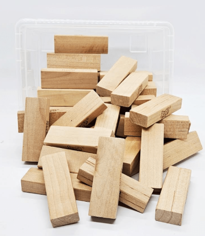 wooden block activities shows a bin with blocks spilling out.