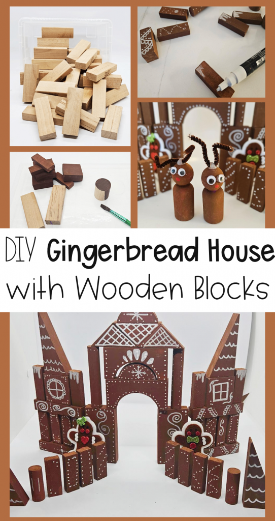 diy gingerbread house with blocks shows a pinterest pin.