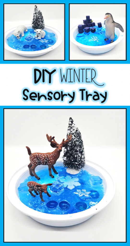 DIY winter sensory tray shows a pinterest pin.