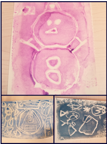 preschool art shows pictures made from printmaking. There is a snowman and other pictures of designs.