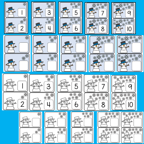 free math worksheets shows twenty pages that have snowmen and snowflakes and corresponding numbers.