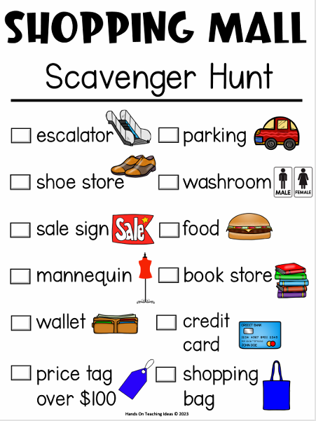 game for kids shows a color copy of a shopping mall scavenger hunt.