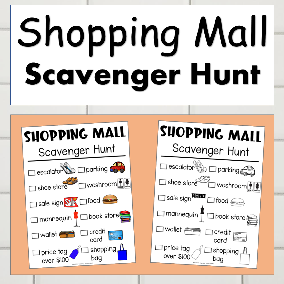checkmark activity for kids shows a shopping mall scavenger hunt page.