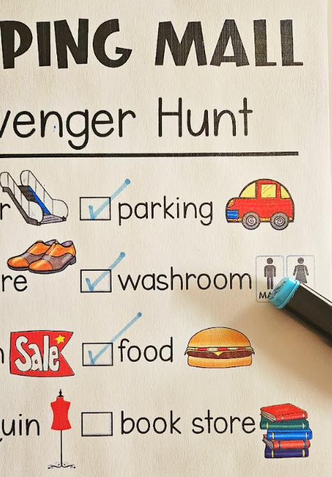 printable shopping mall scavenger hunt shows checkmarks as each item on the list is found.